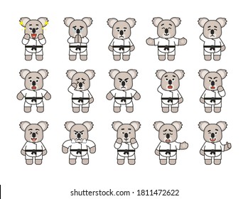 Set of karate koala mascots showing various emotions. Cute karate koala laughing, amazed, begging, angry, sad and showing other expressions. Vector illustration bundle