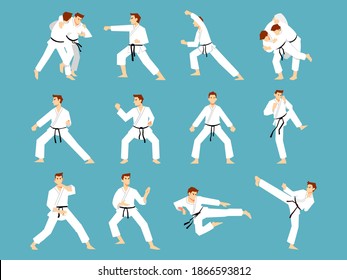 Set of Karate men doing some karate move. Vector llustration Karate cartoon set