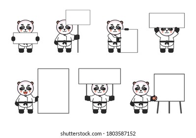 Set of karate panda mascots posing with various blank banners. Promote, advertise concept. Vector illustration bundle