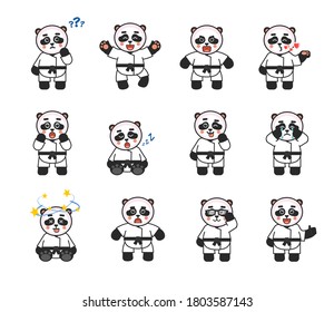 Set of karate panda mascots showing various emotions. Karate panda thinking, celebrating, angry, in love, surprised, sleeping and showing other expressions. Vector illustration bundle