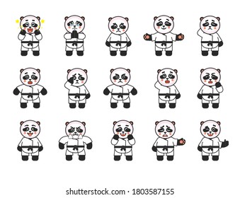 Set of karate panda mascots showing various emotions. Karate panda amazed, begging, sad, thinking, anxious, funny and showing other expressions. Vector illustration bundle