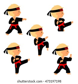 Set of karate poses in cartoon style. Cute boy practices kicks. Kid in black kimono with red belt and head band with "Rising Sun" symbol.