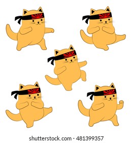 Set of karate poses in cartoon style. Cute cat with head band with "Rising Sun" symbol.