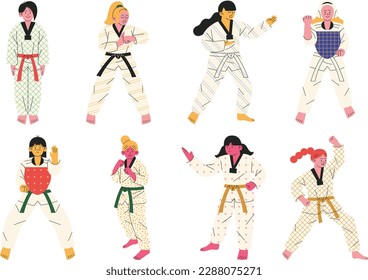 Set of karate poses, vector illustration in flat cartoon style.