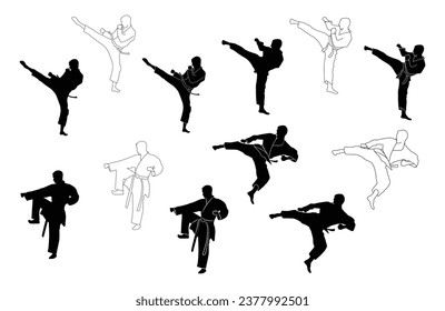 set of karate silhouette vector. Boxing and competition silhouettes vector image, Boxing black white elements set with fighter sports clothing isolated, 