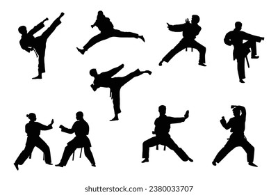 set of karate silhouette vector. Boxing and competition silhouettes vector image, Boxing black white elements set with fighter sports clothing isolated, 