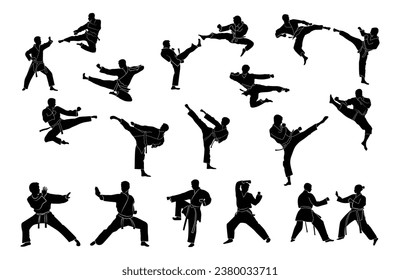 set of karate silhouette vector. Boxing and competition silhouettes vector image, Boxing black white elements set with fighter sports clothing isolated,