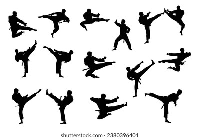 set of karate silhouette vector. Boxing and competition silhouettes vector image, Boxing black white elements set with fighter sports clothing isolated, 