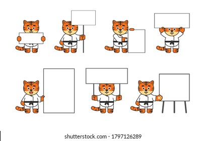 Set of karate tiger characters posing with various blank banners. Vector illustration bundle