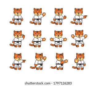 Set of karate tiger characters showing various hand gestures. Karate tiger mascot pointing, greeting, celebrating, showing thumb up and other gestures. Vector illustration bundle