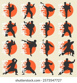 Set of Karate vector illustrations with dynamic martial arts silhouettes, red sun, and Japanese kanji. Perfect for sports, martial arts, or cultural designs