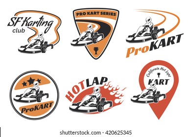 Set of kart racing emblems, logo and icons.Vector illustration. Kart racer with helmet.