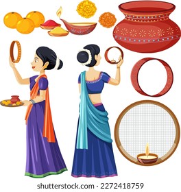 Set of Karva Chauth element cartoon illustration