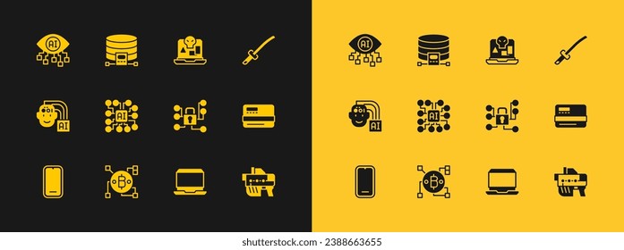 Establezca Katana, tecnología Blockchain Bitcoin, Ciberseguridad, Laptop, Red Neural, piratería en Internet, Visión Informática e Icono de base de datos en la nube. Vector