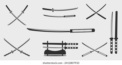 set of katana logo line art vintage vector illustration template icon graphic design