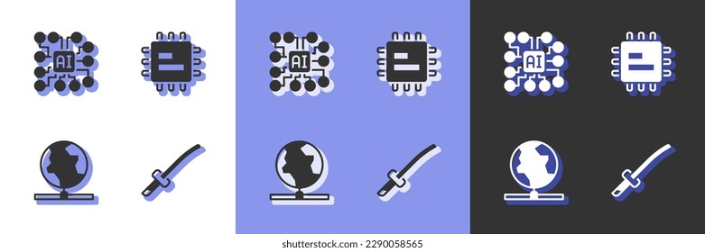 Stellen Sie Katana, Neuronales Netzwerk, globale Technologie und Prozessor CPU Symbol ein. Vektorgrafik