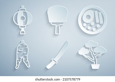Katana, Ramen, Ginseng-Wurzel, Bonsai-Baum, koreanischer Handfächer und Laternensymbol. Vektorgrafik