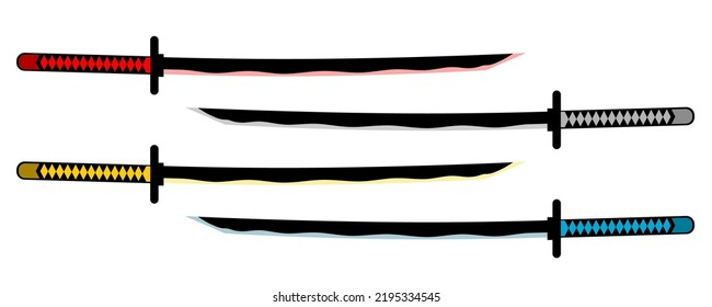 Ponga la espada de katana samurai arma de ronina estilo japonés diseño de icono de vector amarillo gris y azul plano de estilo rojo y azul.