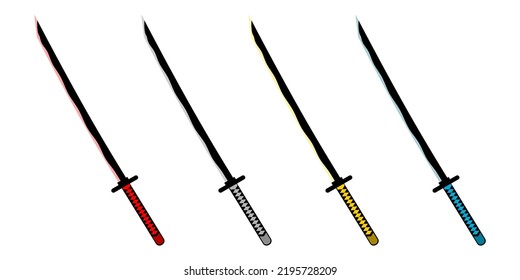 Ponga la espada de katana samurai arma de ronina estilo japonés diseño de icono de vector amarillo gris y azul plano de estilo rojo y azul.