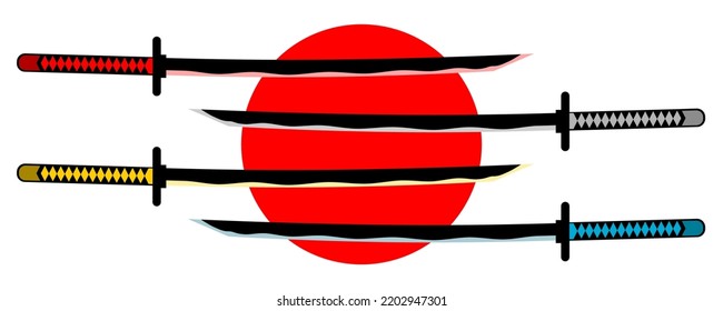 Ponga la espada de katana samurai arma ronina estilo japonés amarillo rojo y azul con el diseño de icono del vector de la llanura del sol de círculo rojo.