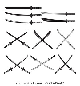 Conjunto de espadas de katana. El arma samurai y ninja en estilo retro. Colección cruzada de espadas samurái