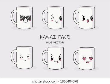 Set Kawai Face Mug Vector 