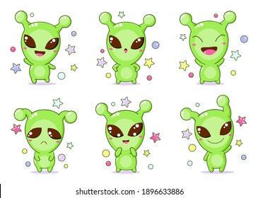 Set of kawaii aliens. Collection of little alien expressing different emotions. Cute humanoid characters. Vector illustration EPS 8 