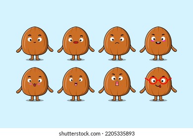 Set kawaii Almond nut cartoon character with different expressions cartoon face vector illustrations