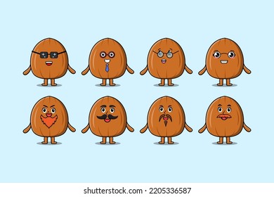 Set kawaii Almond nut cartoon character with different expressions cartoon face vector illustrations