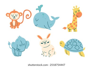 Conjunto de caracteres animais kawaii baleia, girafa, tartaruga, coelho, elefante, macaco