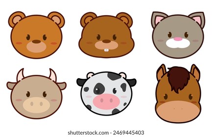 Set of kawaii animal emoticons Vector illustration