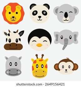 Set of kawaii animal faces including lion, panda, koala, giraffe, monkey, penguin, hippo, elephant, and cow. Colorful flat design perfect for kids, stickers, and educational materials.