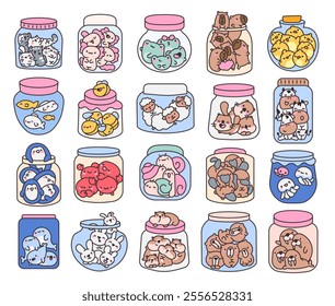 Set of kawaii animal jars cute cartoon characters with antidepressant pills adorable cheerful friendly smiling charming relaxing aquatic joyful creative elements