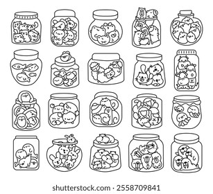 Set of kawaii animal jars cute cartoon characters with antidepressant pills adorable cheerful friendly smiling charming relaxing aquatic joyful creative elements