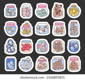 Set of kawaii animal jars cute cartoon characters with antidepressant pills adorable cheerful friendly smiling charming relaxing aquatic joyful creative elements