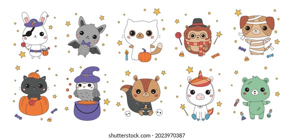 Set of kawaii animals in different Halloween costumes. Cartoon characters. Funny stickers for kids. Vector illustration.