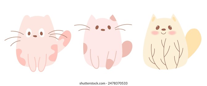 Set of kawaii animals in hand draw flat style. Set of cute cats with leaves. Vector illustration.Cartoon baby animal character design. Pastel colors.Pink and yellow colors.