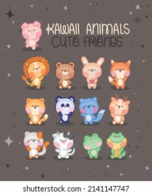 set of kawaii animals with lettering