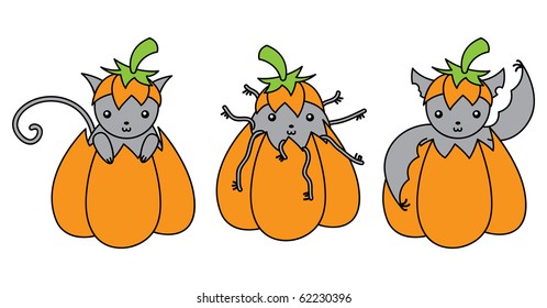 set of kawaii animals in pumpkins