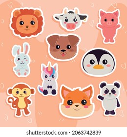 set of kawaii animals in sticker