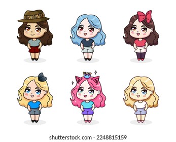 Set of kawaii anime girls with different accessories.