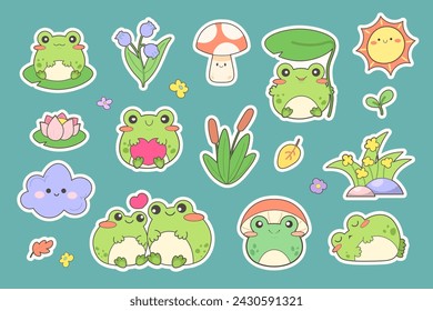 Set of kawaii anime stickers with swamp flora and fauna. Frog, dragonflies, reeds, water lilies, grass. Cute faces for children. Vector illustration