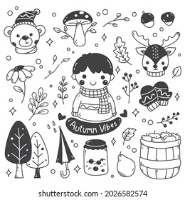 Set of Kawaii Autumn in Doodle Style Vector