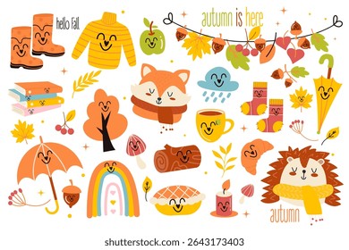 Set of kawaii autumn elements with inscriptions