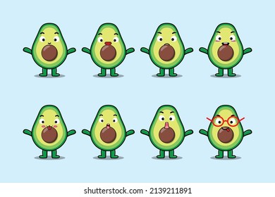 Set kawaii avocado cartoon character with different expressions of cartoon face vector illustrations