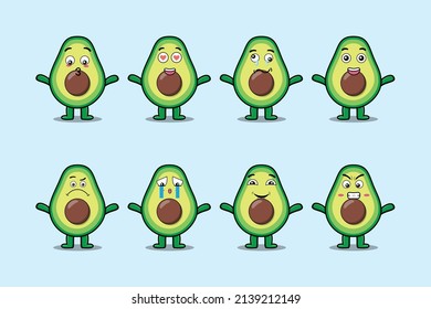 Set kawaii avocado cartoon character with different expressions of cartoon face vector illustrations