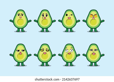 Set kawaii avocado cartoon character with different expressions of cartoon face vector illustrations