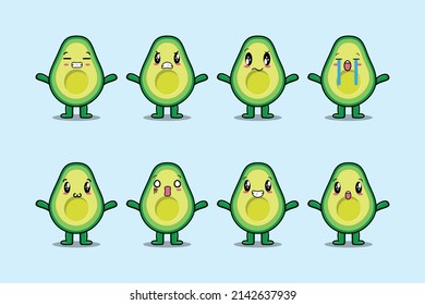 Set kawaii avocado cartoon character with different expressions of cartoon face vector illustrations