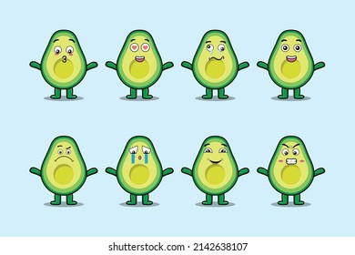 Set kawaii avocado cartoon character with different expressions of cartoon face vector illustrations