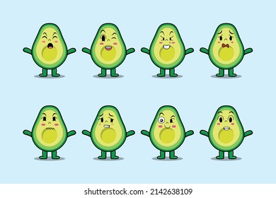 Set kawaii avocado cartoon character with different expressions of cartoon face vector illustrations